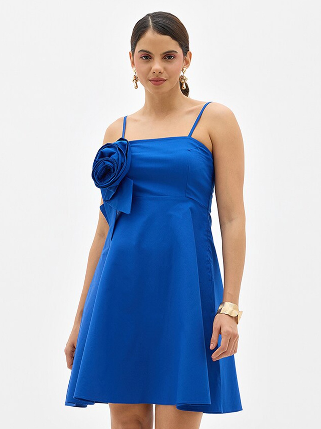 

Virgio Rosette Applique Fit & Flare Cotton Dress, Blue