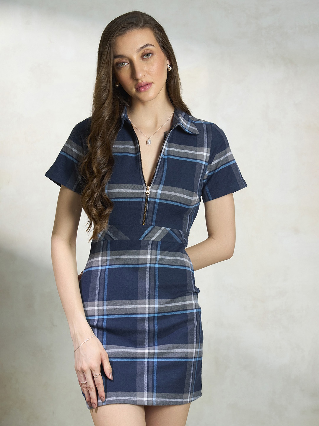 

Virgio Checked Shirt Dress, Navy blue