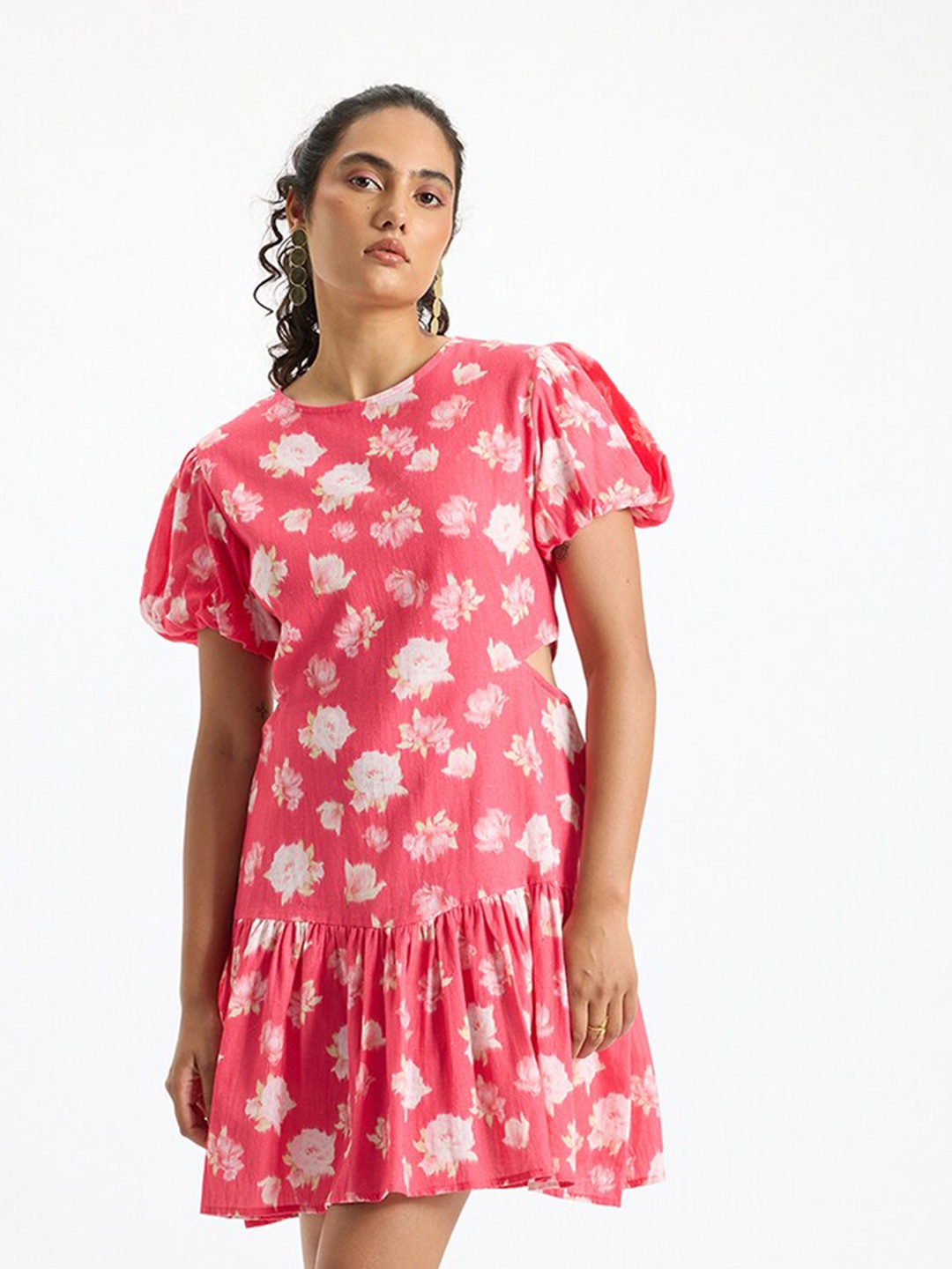 

Virgio Floral Printed Puff Sleeve Smocked Drop-Waist Dress, Coral