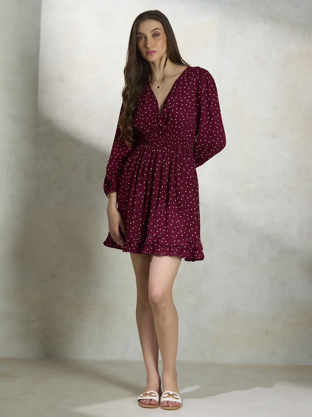 

Virgio Polka Dot Printed Puff Sleeve Fit & Flare Dress, Maroon