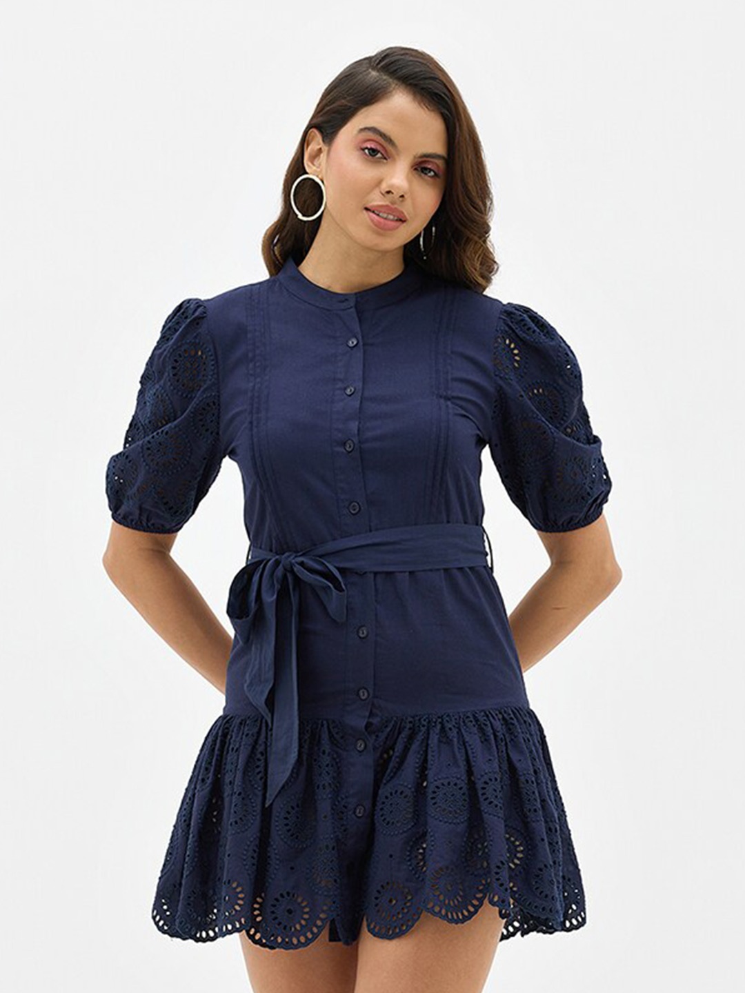 

Virgio Round Neck Cotton Drop-Waist Dress, Navy blue