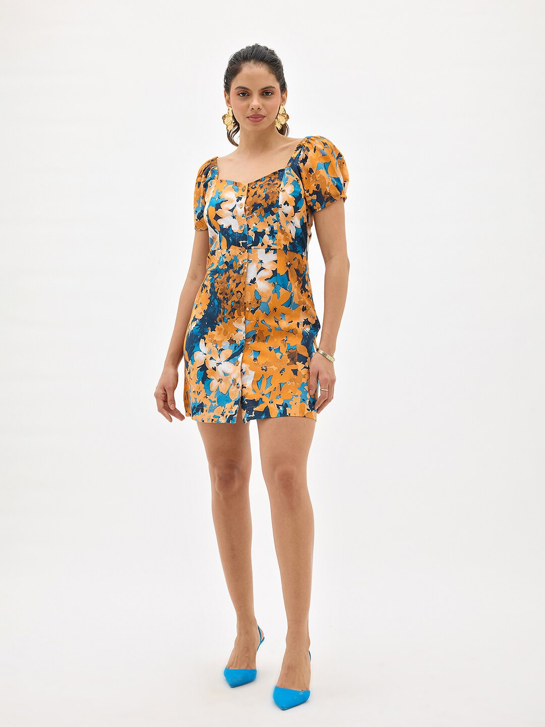 

Virgio Floral Printed Sweetheart Neck Fit & Flare Mini Dress, Mustard