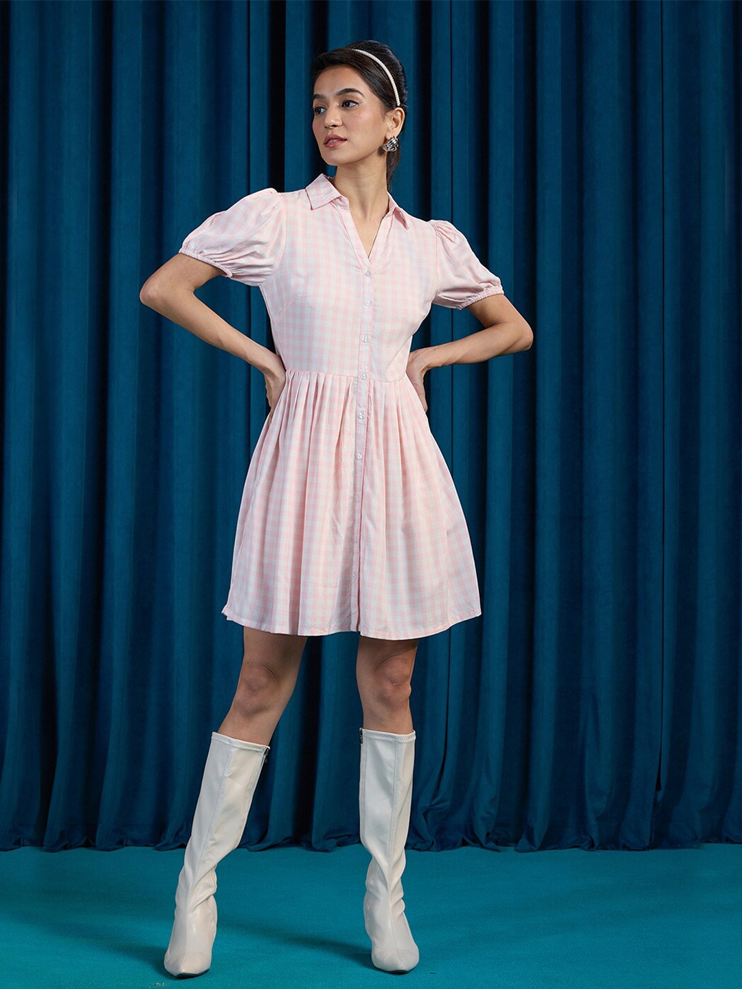 

Virgio Checked Shirt Collar Fit and Flare Dress, Pink
