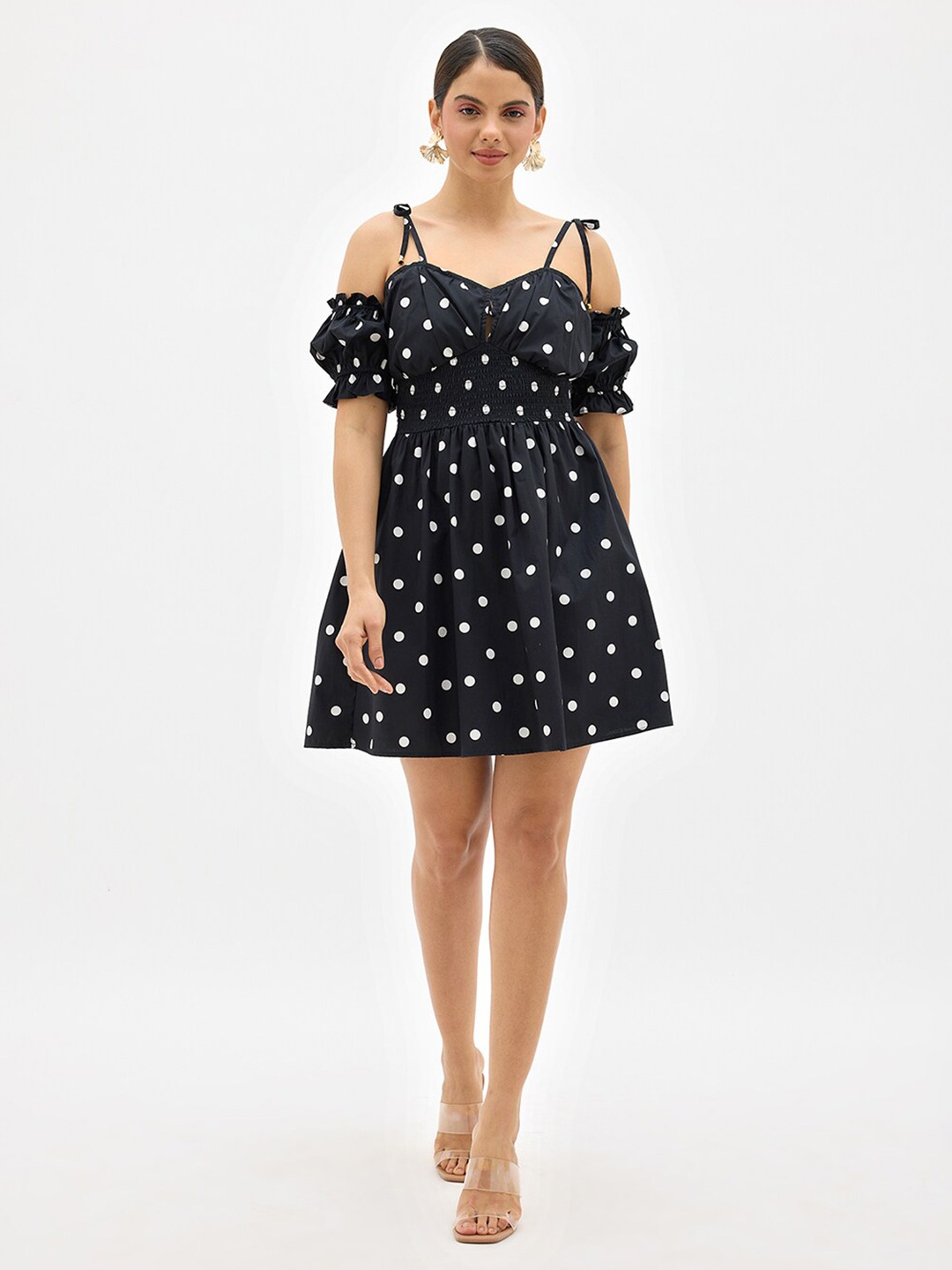 

Virgio Polka Dot Printed Shoulder Straps Fit & Flare Dress, Black