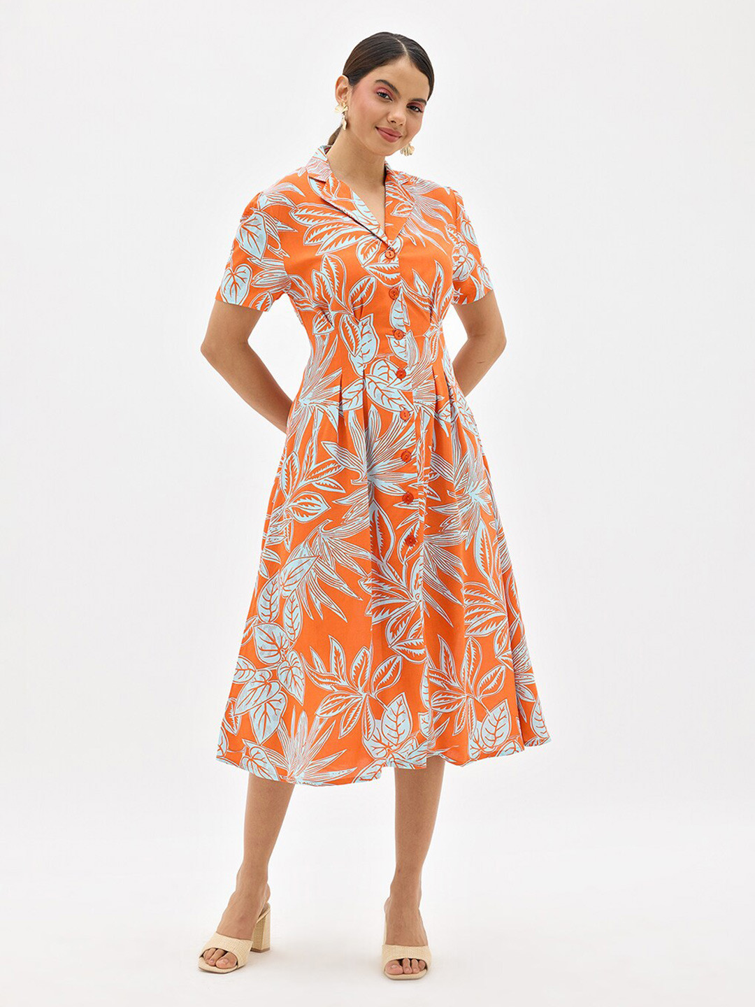

Virgio Shirt Collar Floral Printed Fit and Flare Dress, Orange