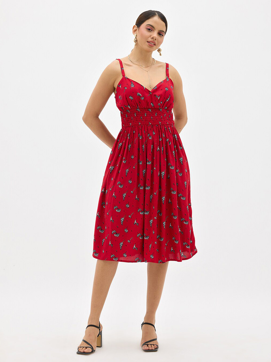 

Virgio Floral Printed Shoulder Straps Fit & Flare Dress, Red