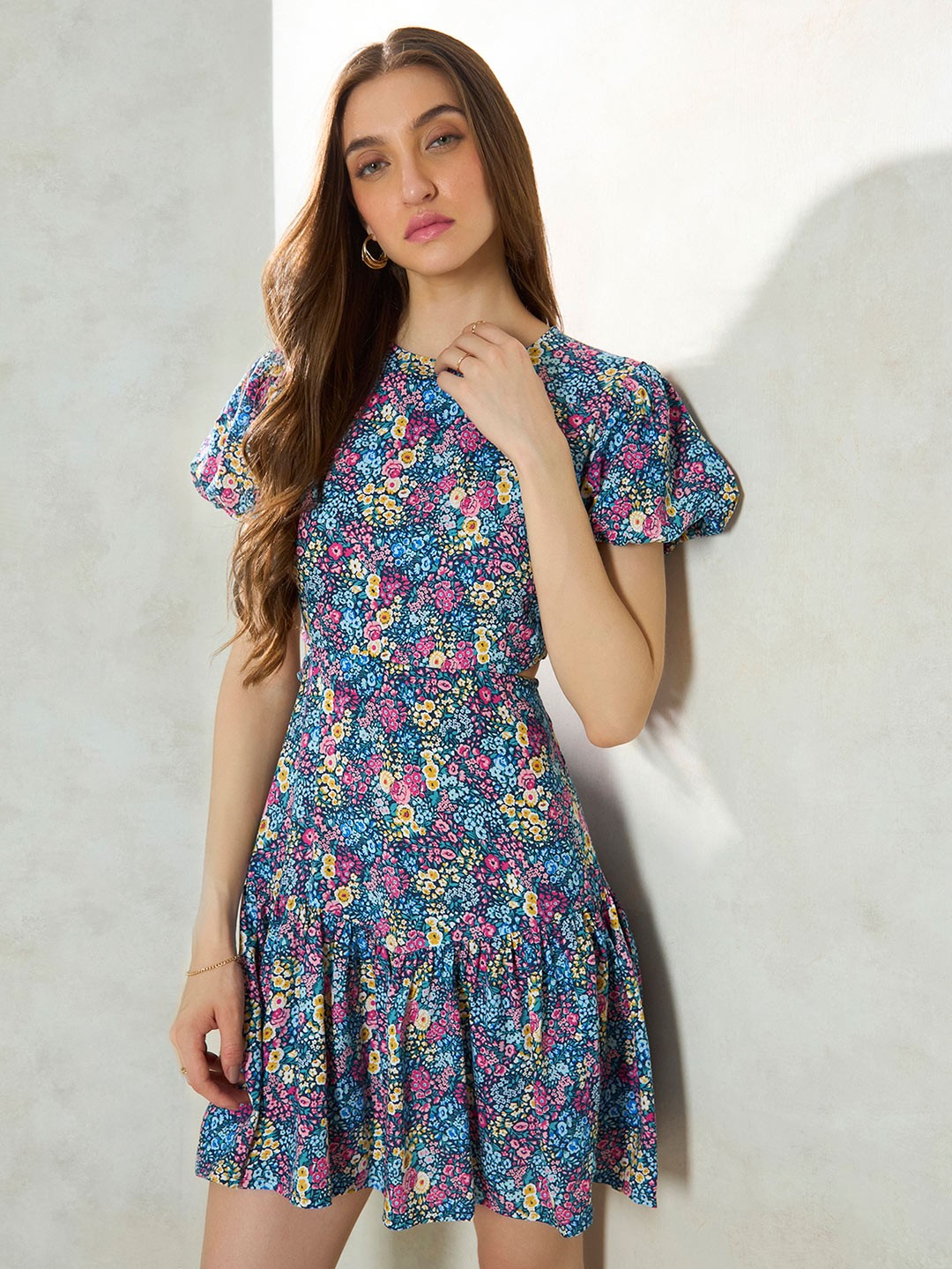 

Virgio Floral Print Puff Sleeves A-Line Dress, Blue