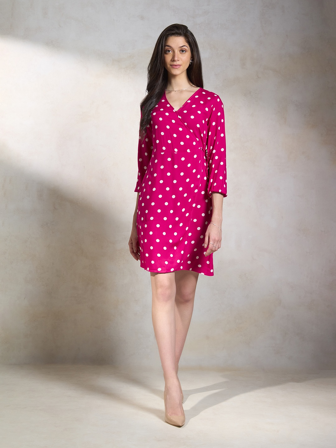 

Virgio V-Neck Polka Dot Print A-Line Dress, Pink