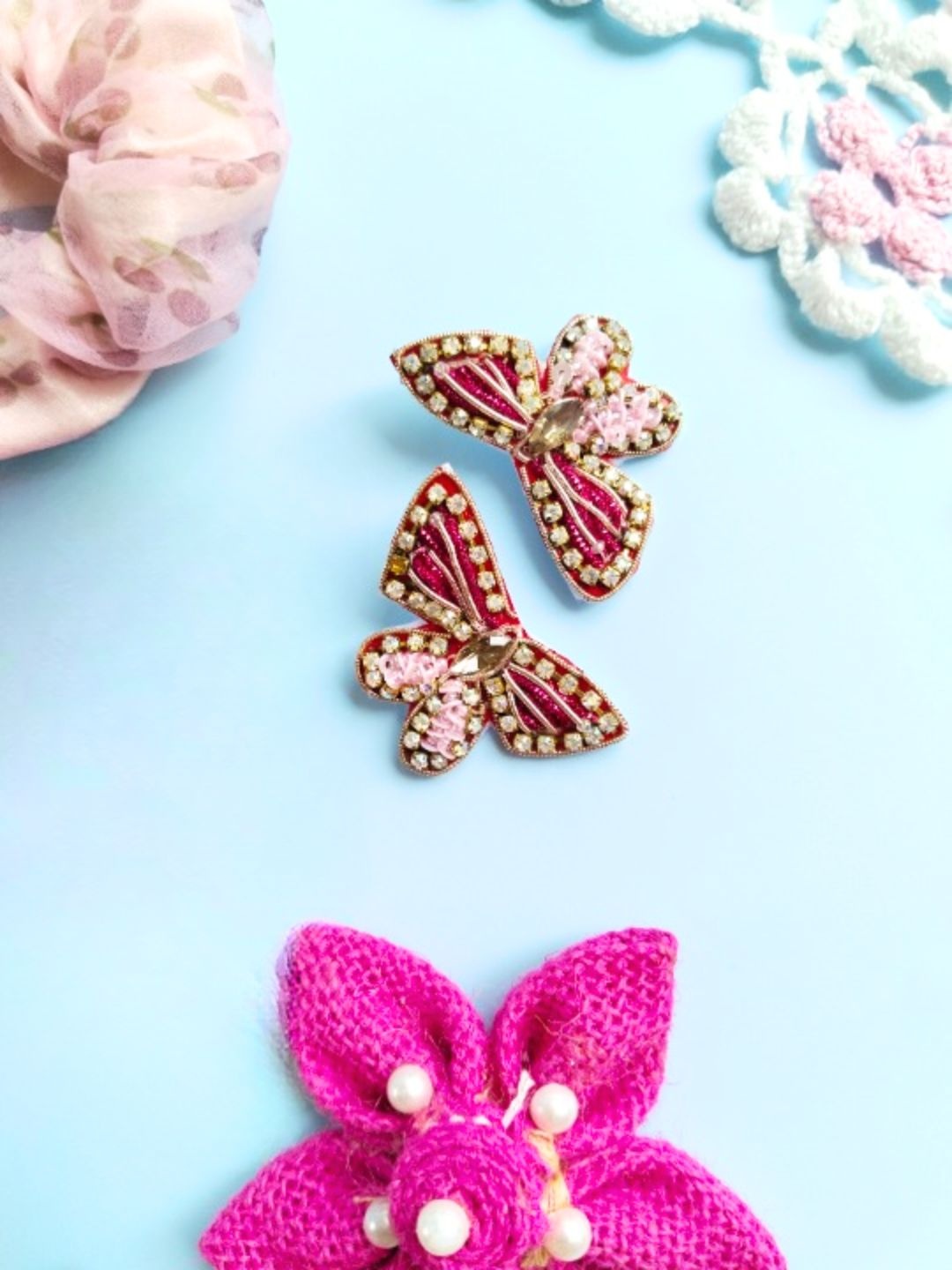 

Anouk Pink Stone-Studded & Beaded Butterfly Shaped Studs Earrings