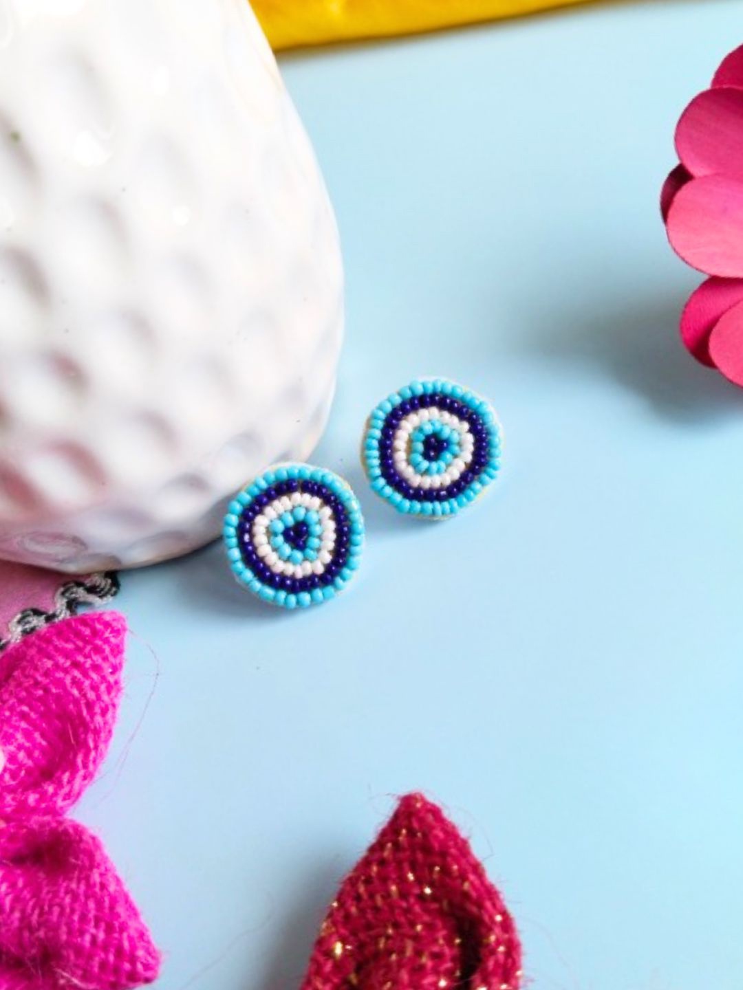 

Sangria Beaded Bohemian Evil Eye Studs Earrings, Blue