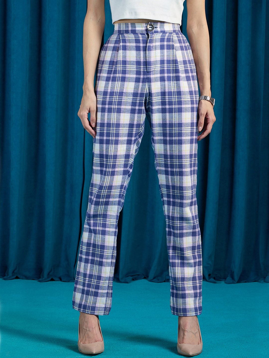 

Virgio Women Cotton Full Length Checks Trouser, Blue
