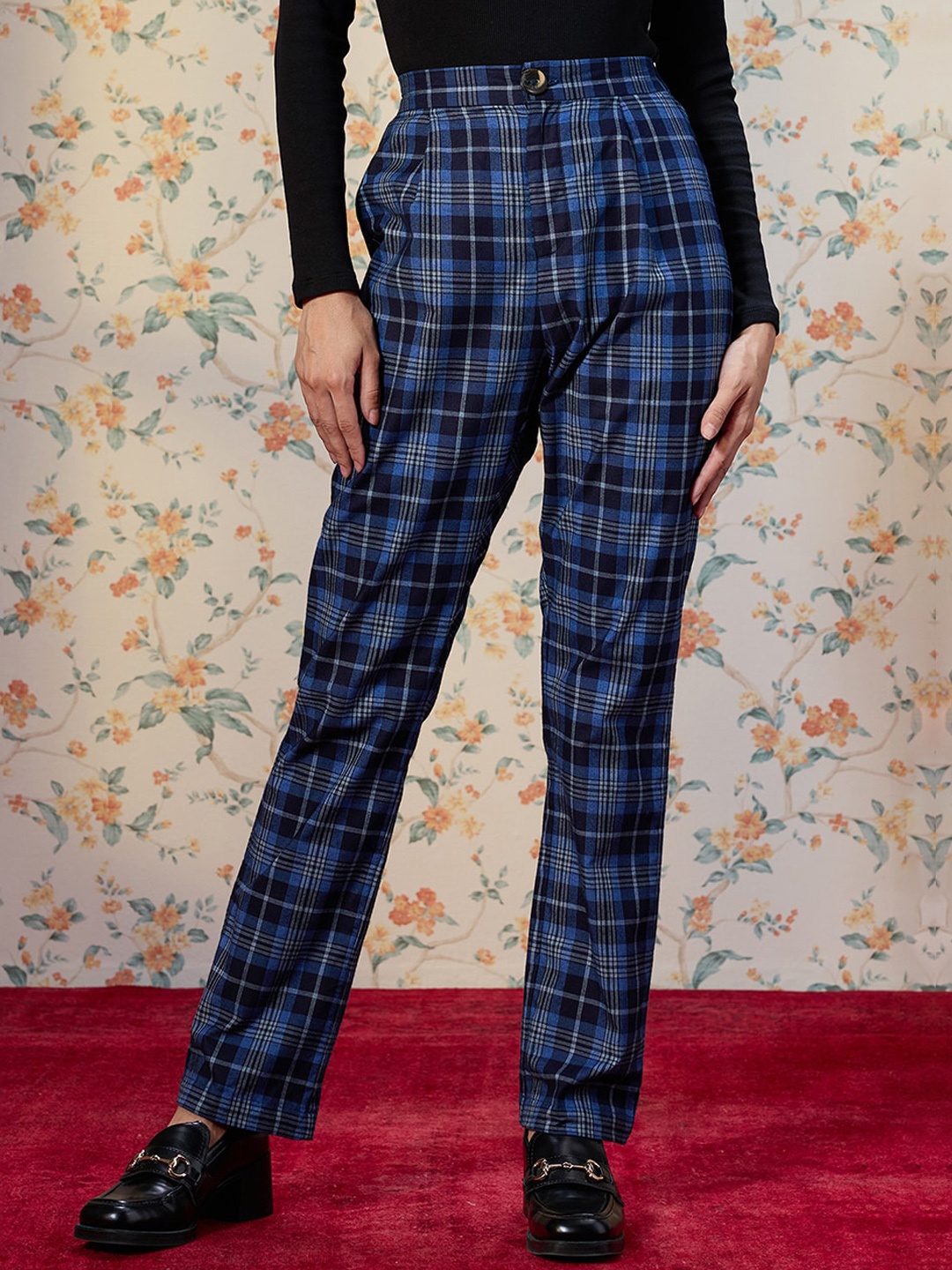

Virgio Women Cotton Full Length Checks Trouser, Blue
