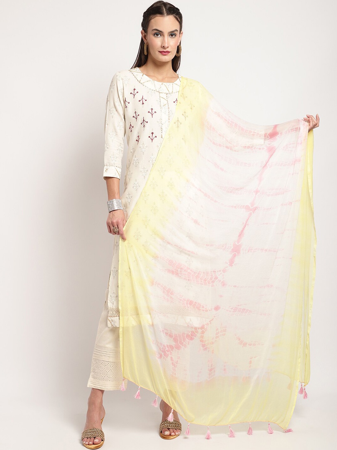 

Miaz Lifestyle Tie & Dye Dyed Tasselled Organza Dupatta, Yellow