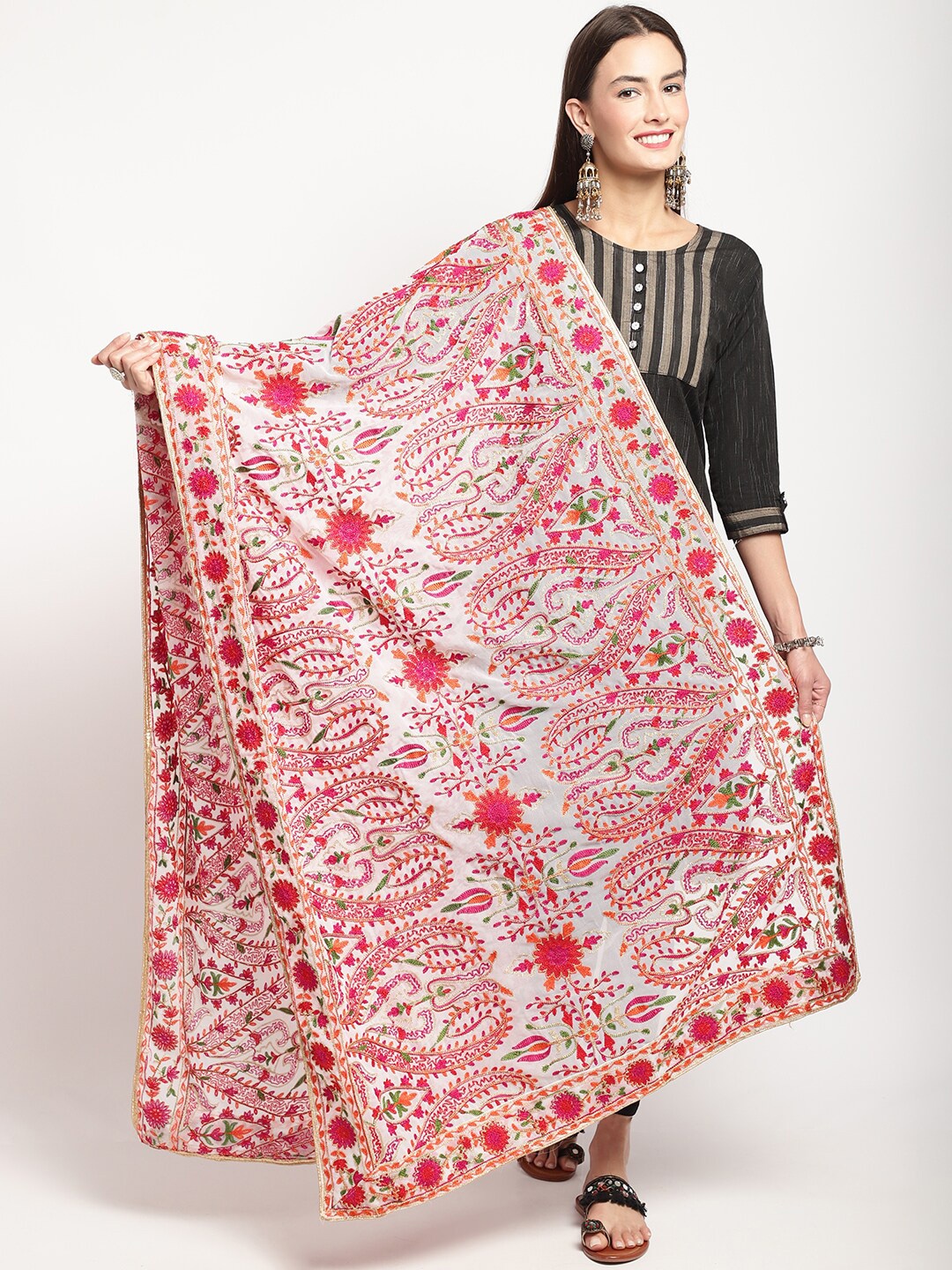 

Miaz Lifestyle Ethnic Motifs Embroidered Silk Dupatta, White