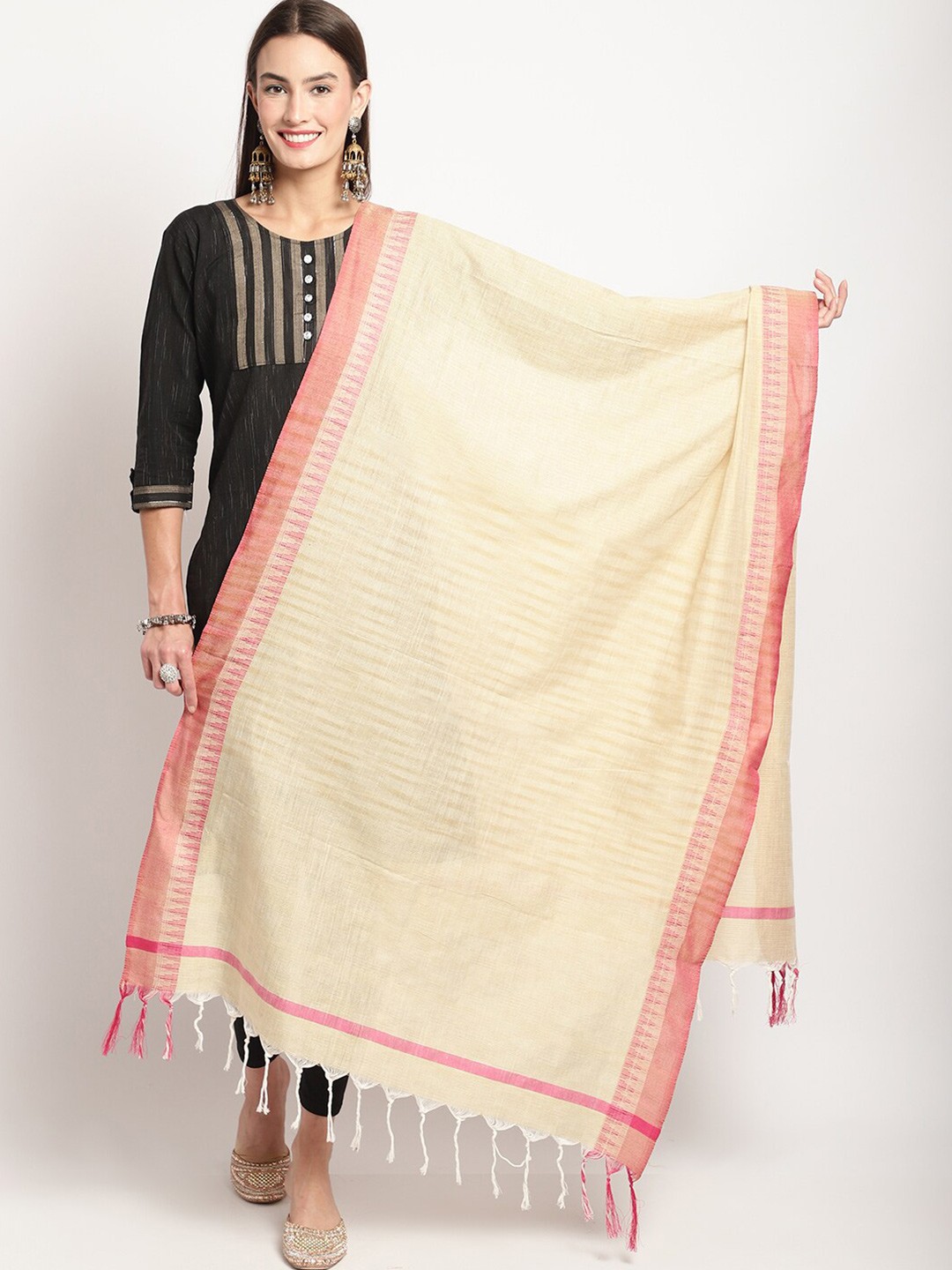 

Miaz Lifestyle Tasselled Cotton Dupatta, Off white