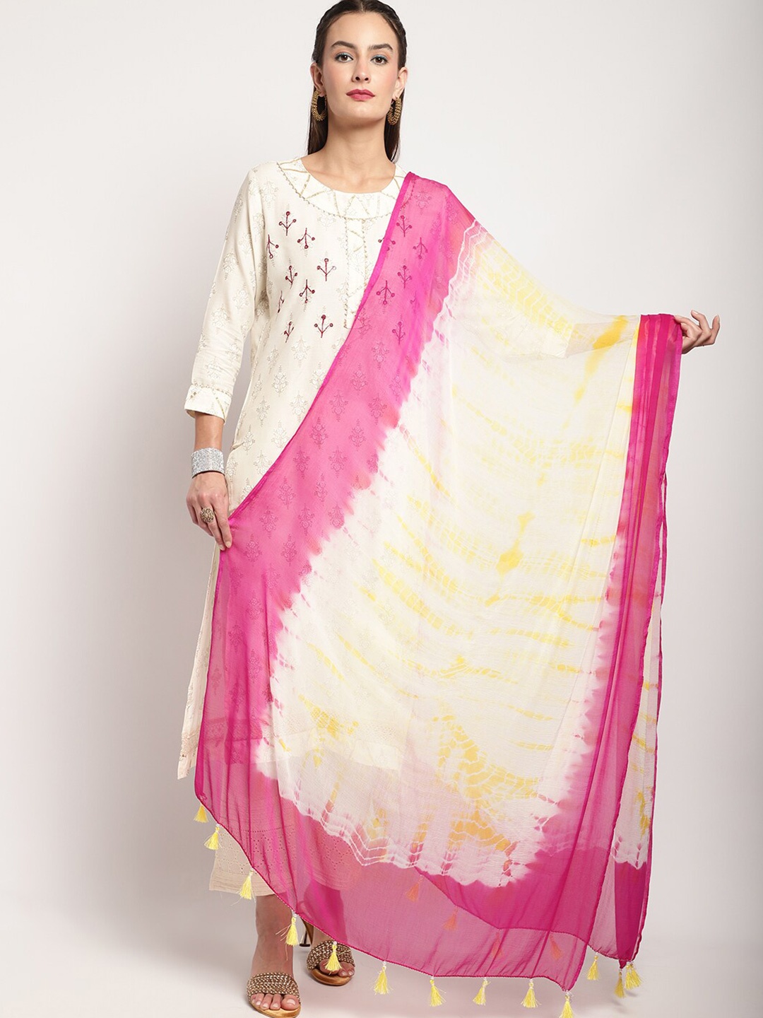 

Miaz Lifestyle Tie & Dye Dyed Gotta Patti Organza Dupatta, White