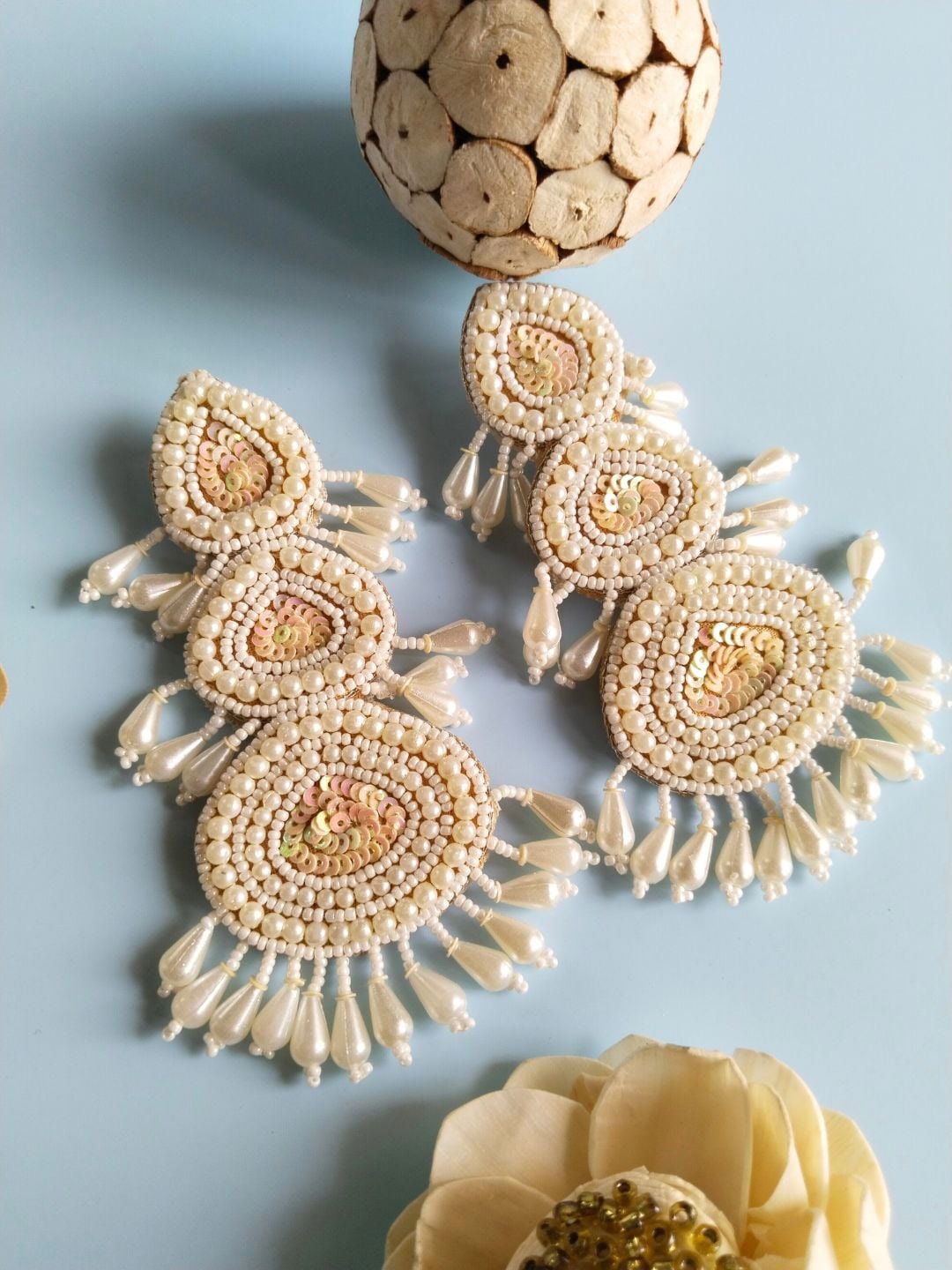 

Sangria Sequined Pearl Beaded Teardrop Shaped Drop Earrings, White