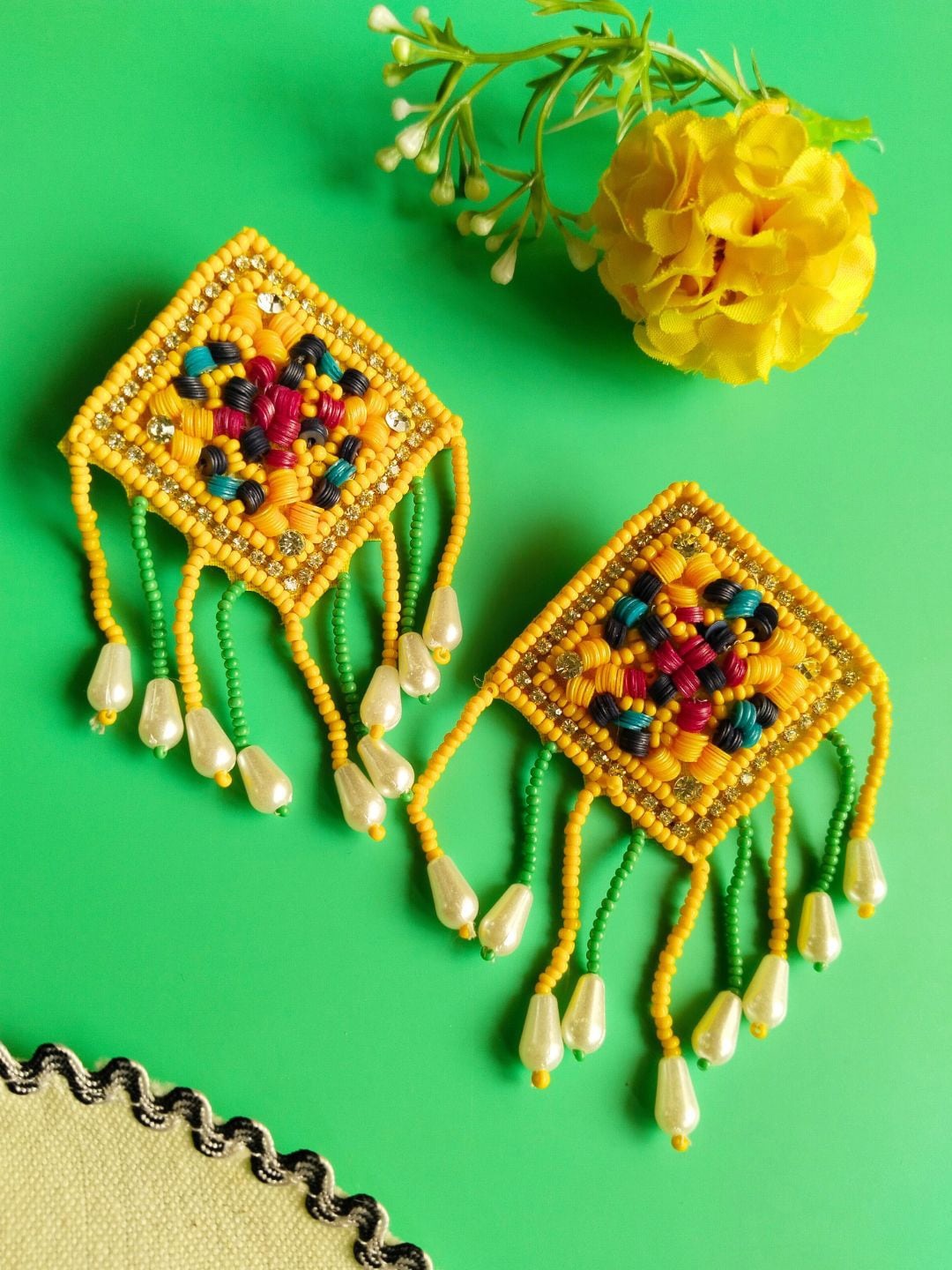 

Sangria Pearl Beaded Star Shaped Drop Earrings, Yellow