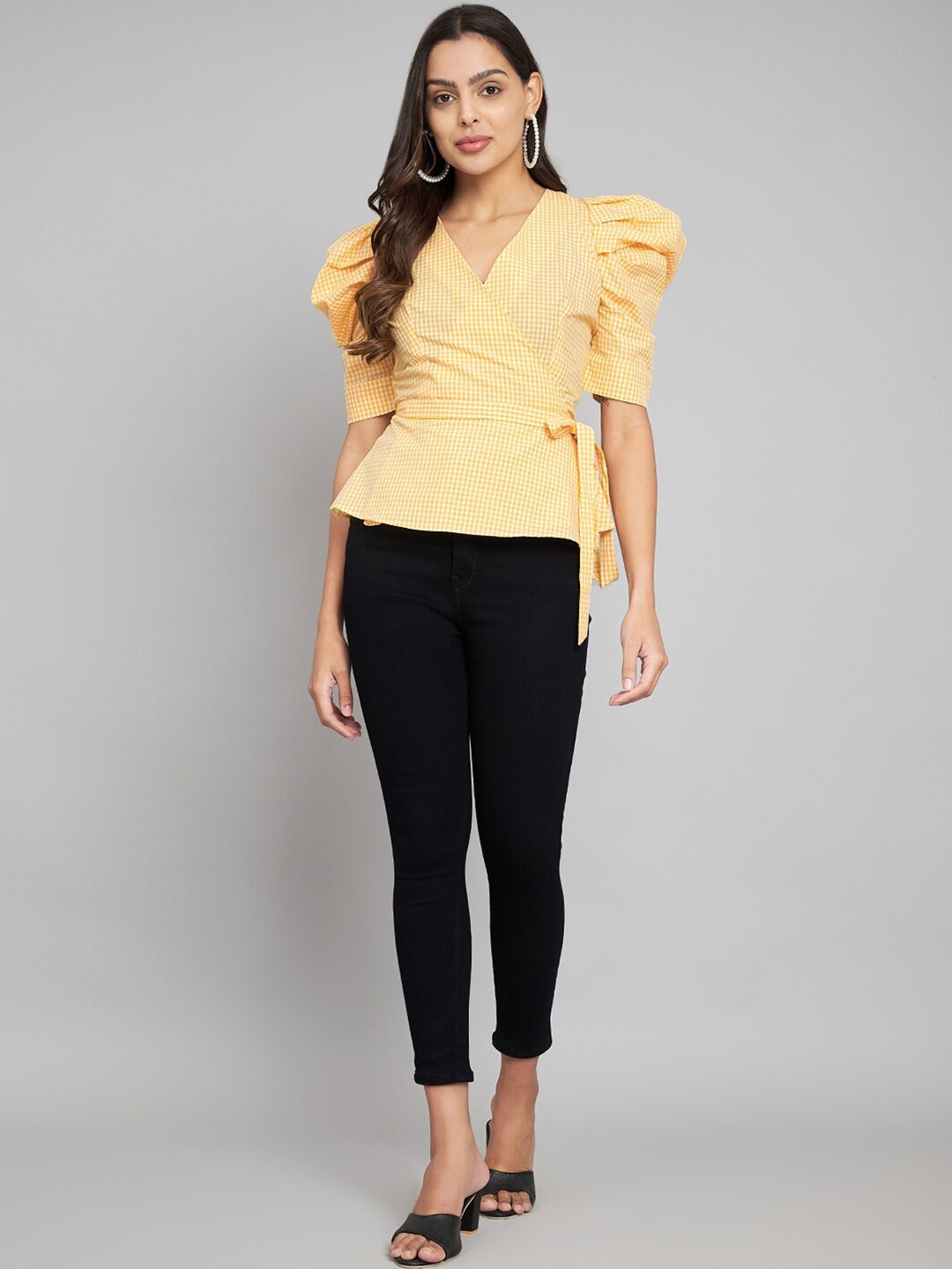 

Amagyaa Puff Sleeve Cotton Wrap Top, Yellow