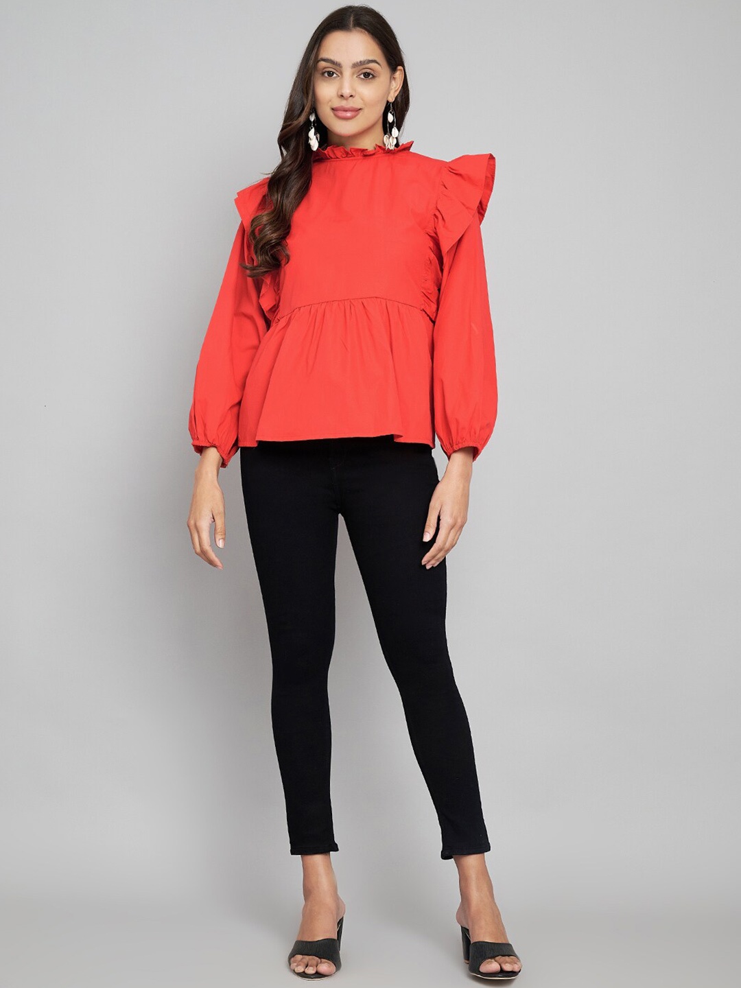 

Amagyaa Ruffles Cotton Peplum Top, Red