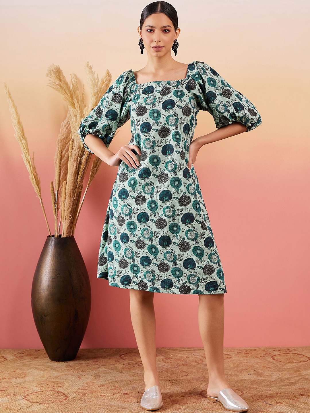 

InWeave Blue Floral Printed Flared Square Neck Cotton A-Line Dress