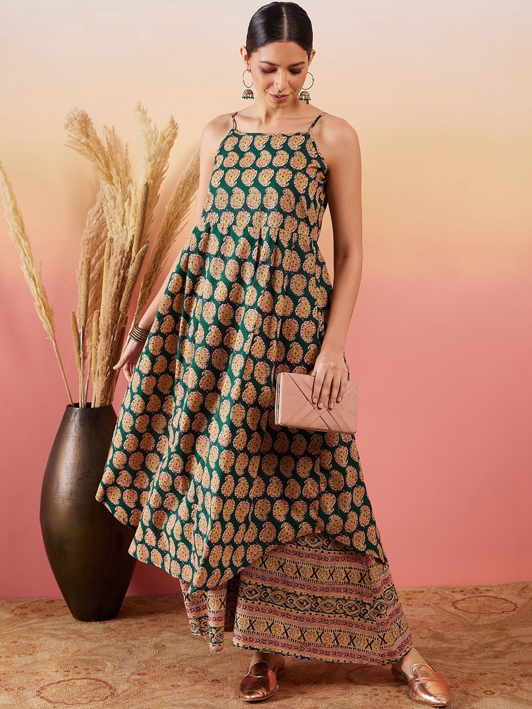 

InWeave Ethnic Motifs Printed Shoulder Straps Anarkali Pure Cotton Kurta With Palazzos, Green