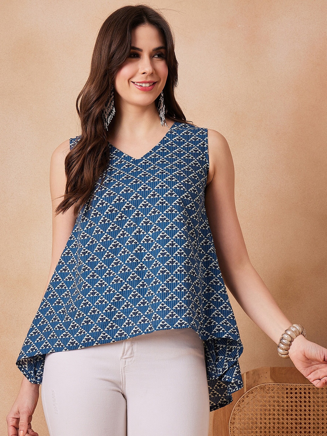 

InWeave Geometric Printed V-Neck Cotton Top, Blue