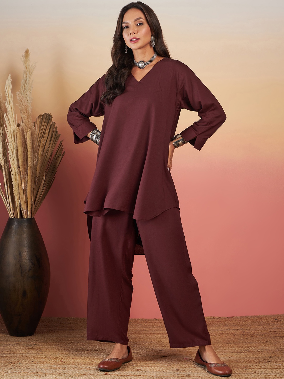 

InWeave V-Neck Long Sleeves Tunic With Trouser, Brown