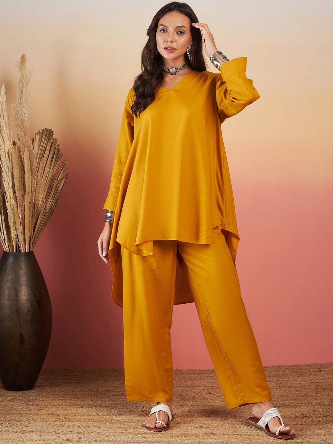 

InWeave V-Neck Three-Quarter Sleeves Tunic With Trouser, Mustard