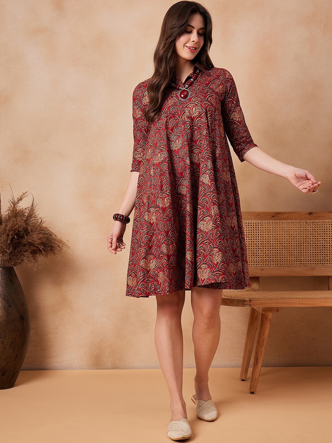 

InWeave Rust Ethnic Motifs Printed Shirt Collar Flared Cotton A-Line Dress