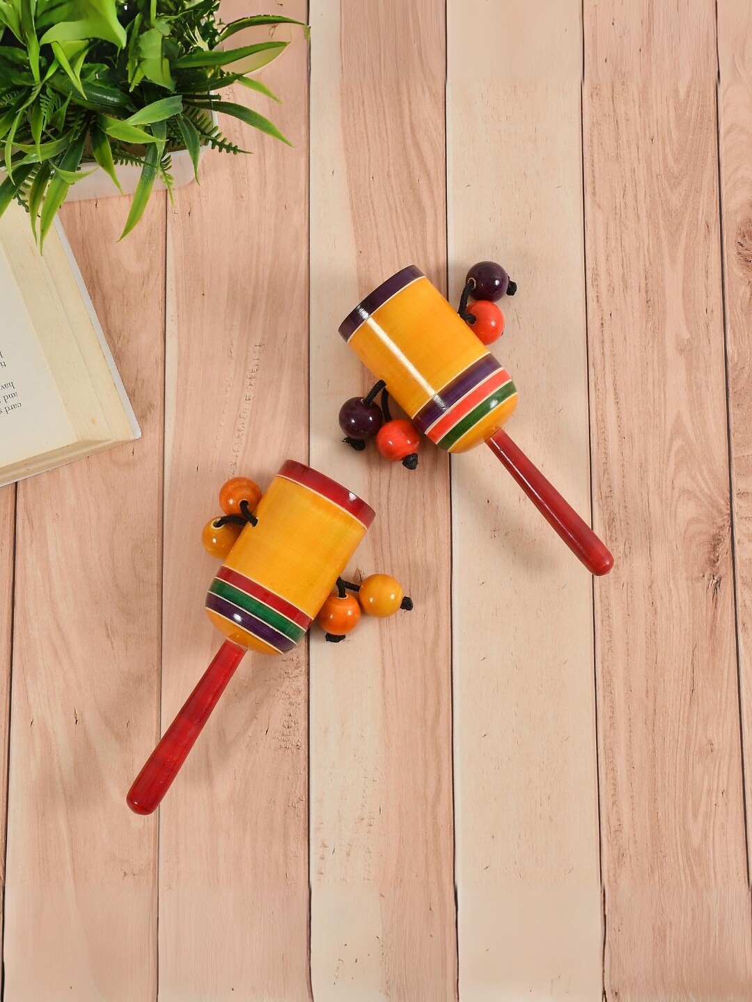 

CLIO'S HERITAGE STORE Set of 2 Handmade Wooden Dum Dum Rattle, Mustard