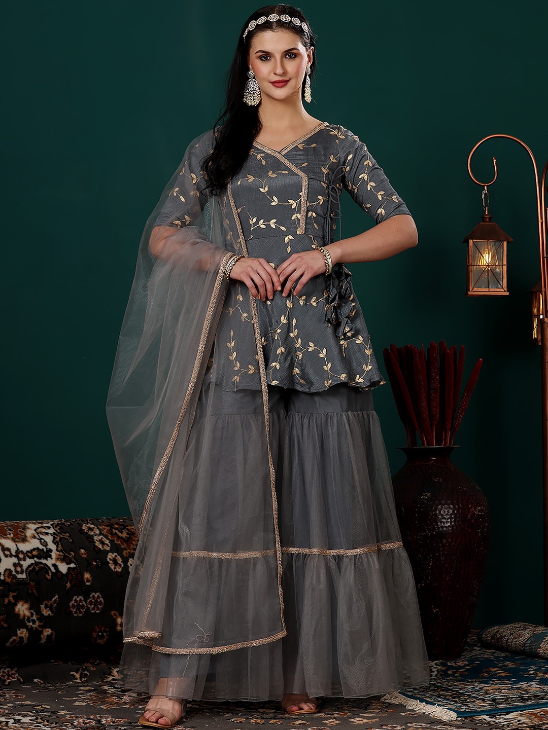 

Ethnovog Floral Embroidered V-Neck Regular A-Line Kurti with Sharara & Dupatta, Grey