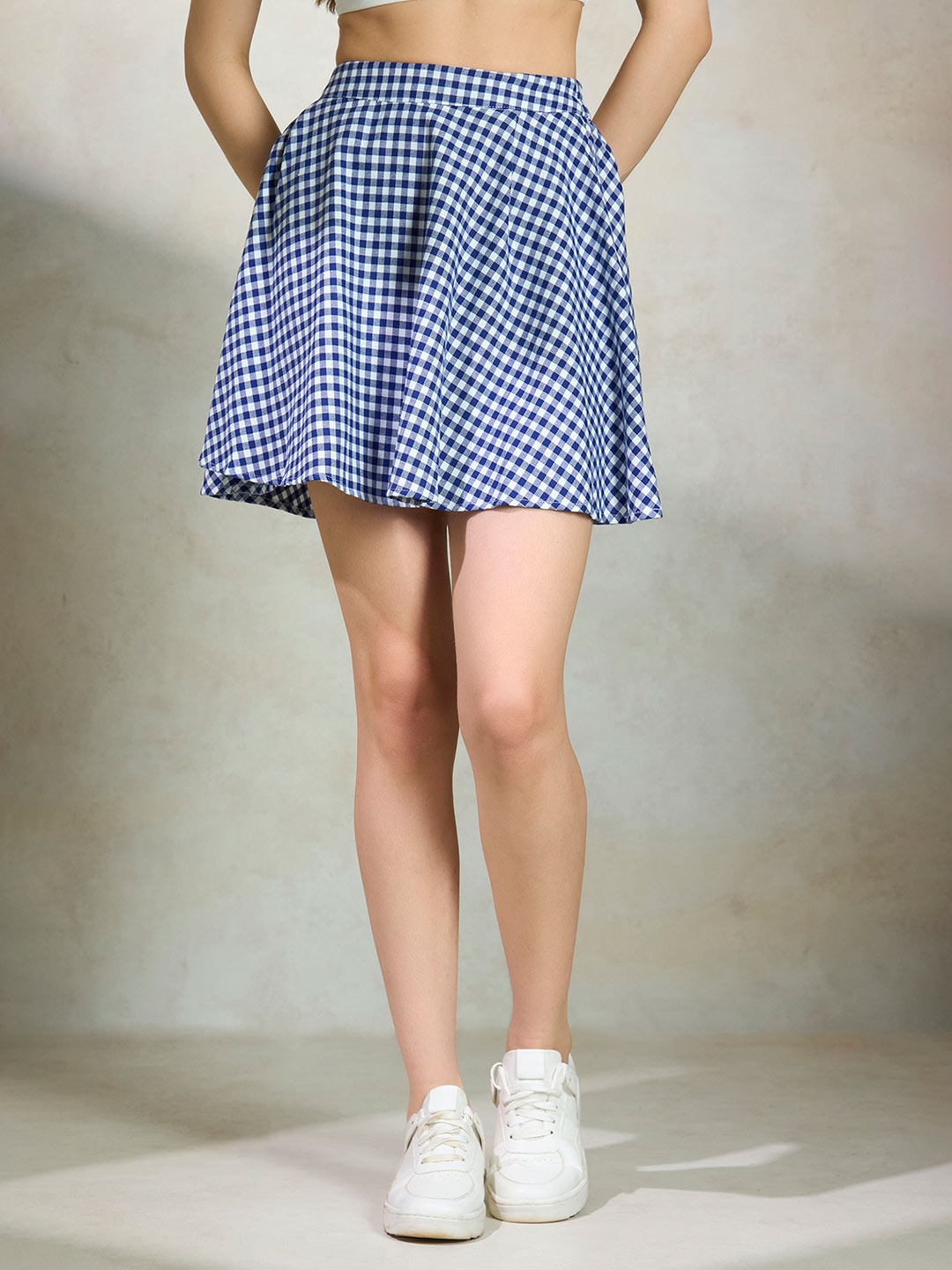 

Virgio Checked Cotton A-Line Mini Skirt, Blue