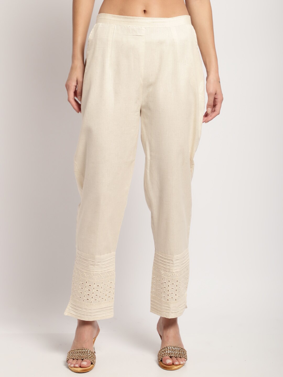 

Miaz Lifestyle Women Ethnic Motifs Hem Design Pure Cotton Palazzo, Cream