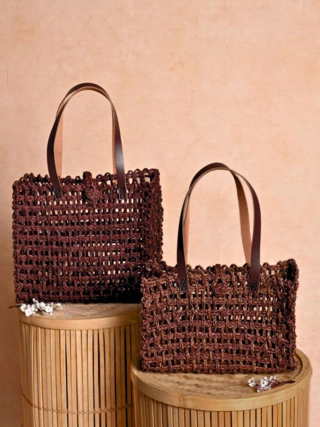 

KADAM HAAT Set Of 2 Self Designed Sabai Grass Shopper Mesh Bags, Brown