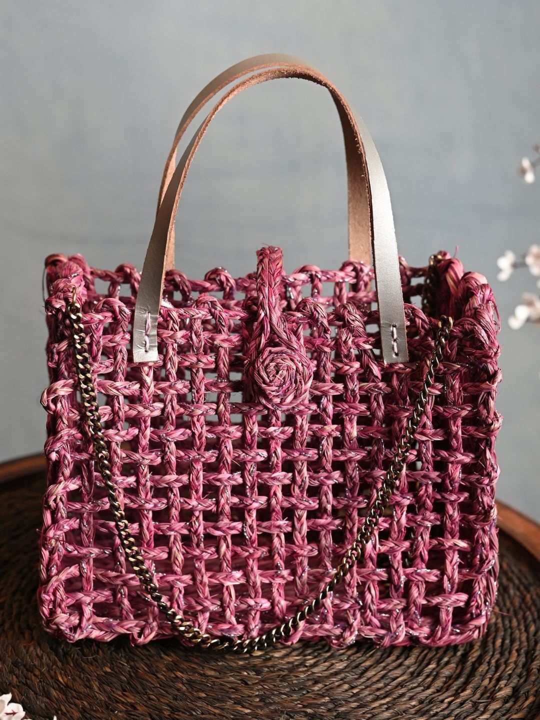 

KADAM HAAT Textured Sabai Grass Shopper Mini Mesh Bag, Pink