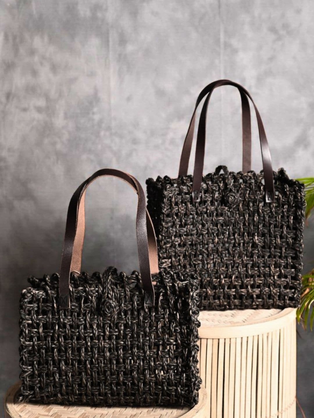 

KADAM HAAT Set of 2 Textured Antifungal Handmade Shopper Tote Bags, Black
