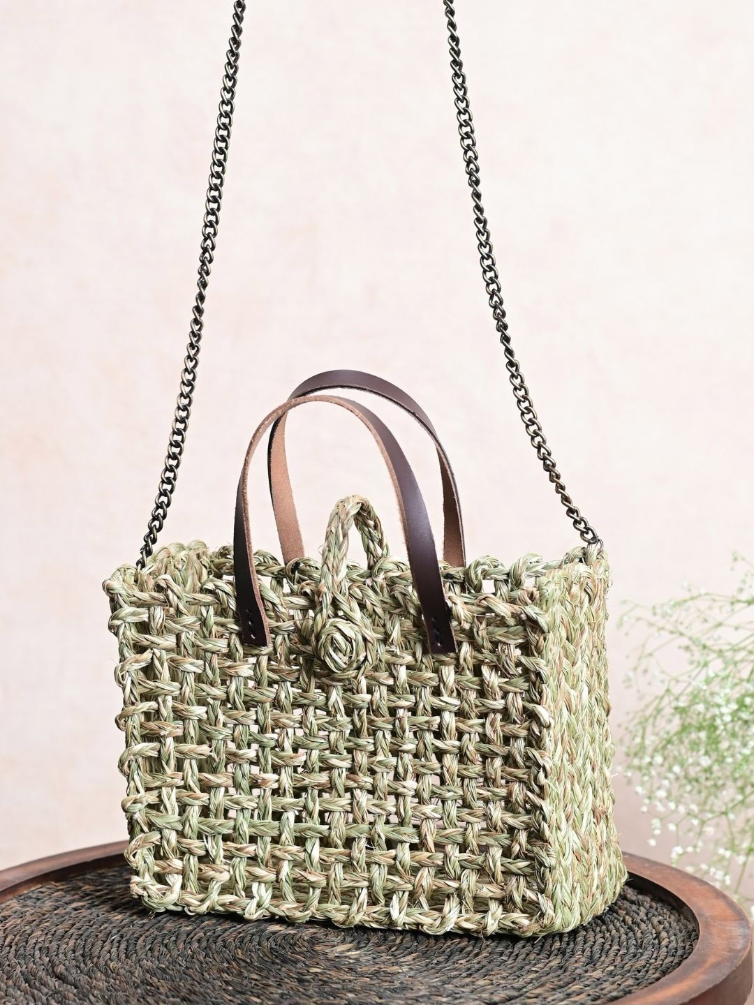 

KADAM HAAT Textured Sabai Grass Shopper Mini Mesh Bag, Green