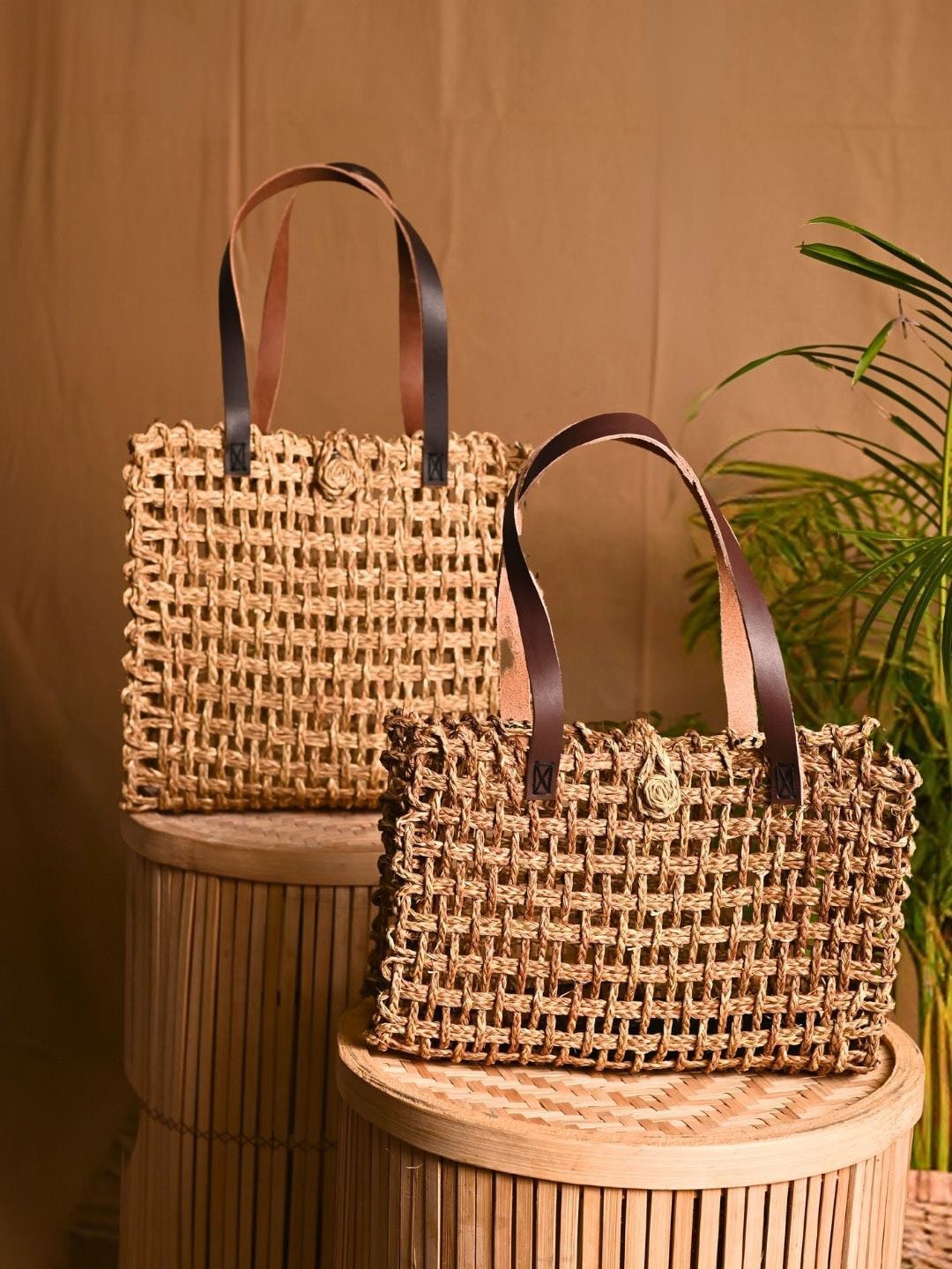 

KADAM HAAT Set Of 2 Oversized Shopper Shoulder Bags, Beige