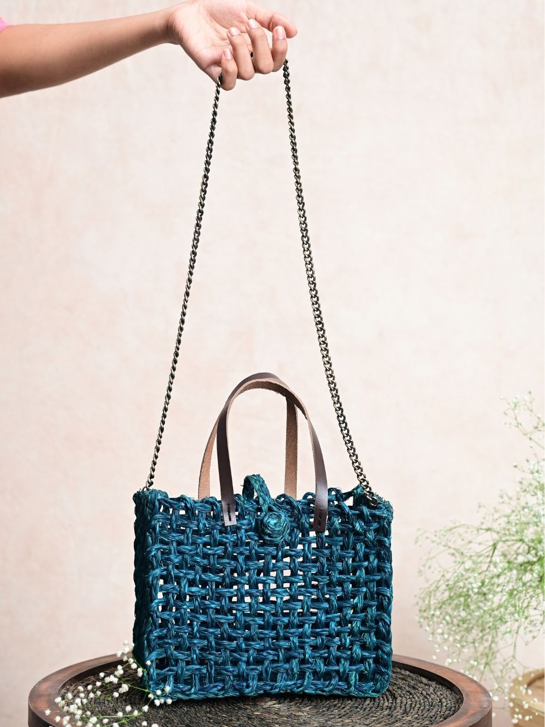 

KADAM HAAT Self Designed Sabai Grass Shopper Mini Mesh Bag, Teal
