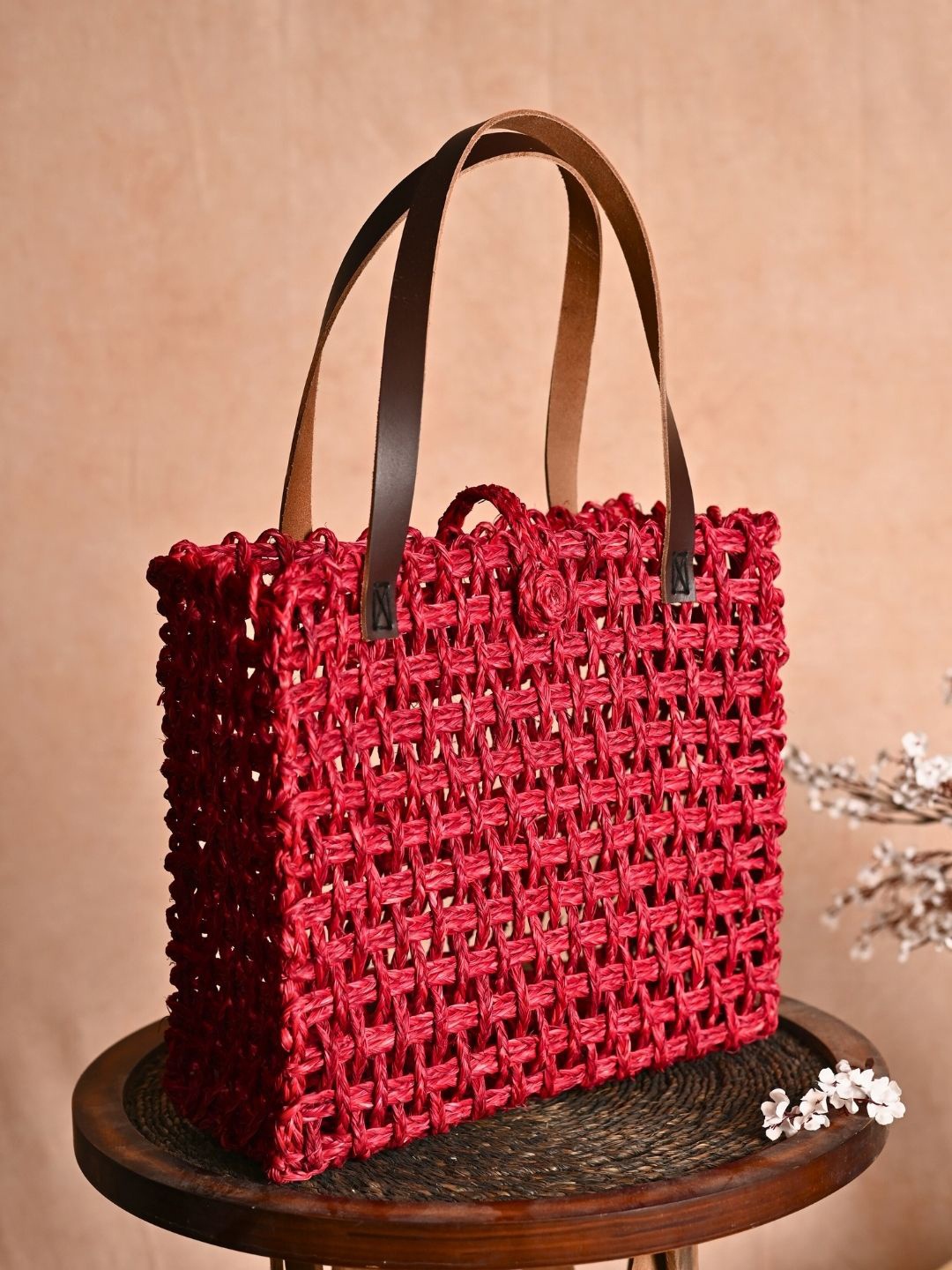 

KADAM HAAT Textured Antifungal Handmade Shopper Handheld Bag, Red