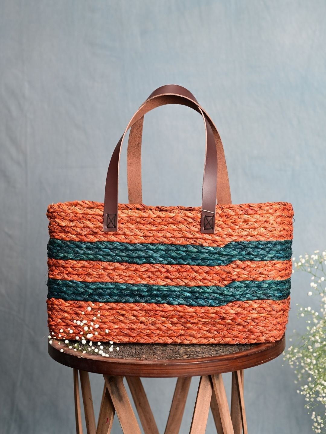 

KADAM HAAT Textured Sabai Grass Shopper Tote Bag, Orange