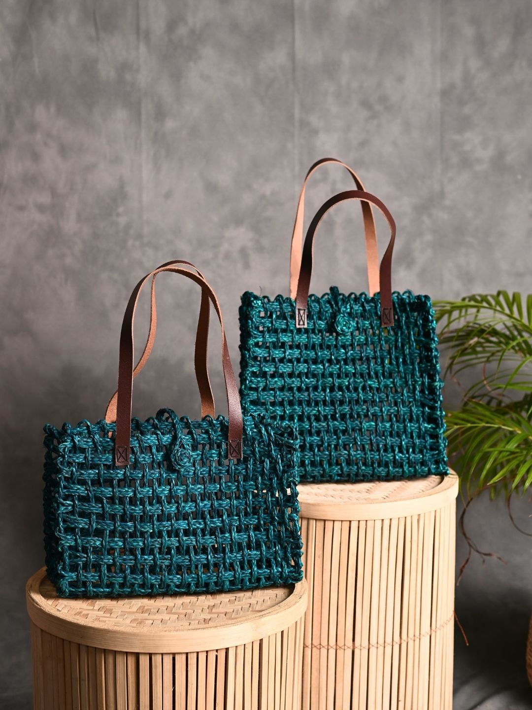

KADAM HAAT Set Of 2 Oversized Shopper Shoulder Bags, Teal