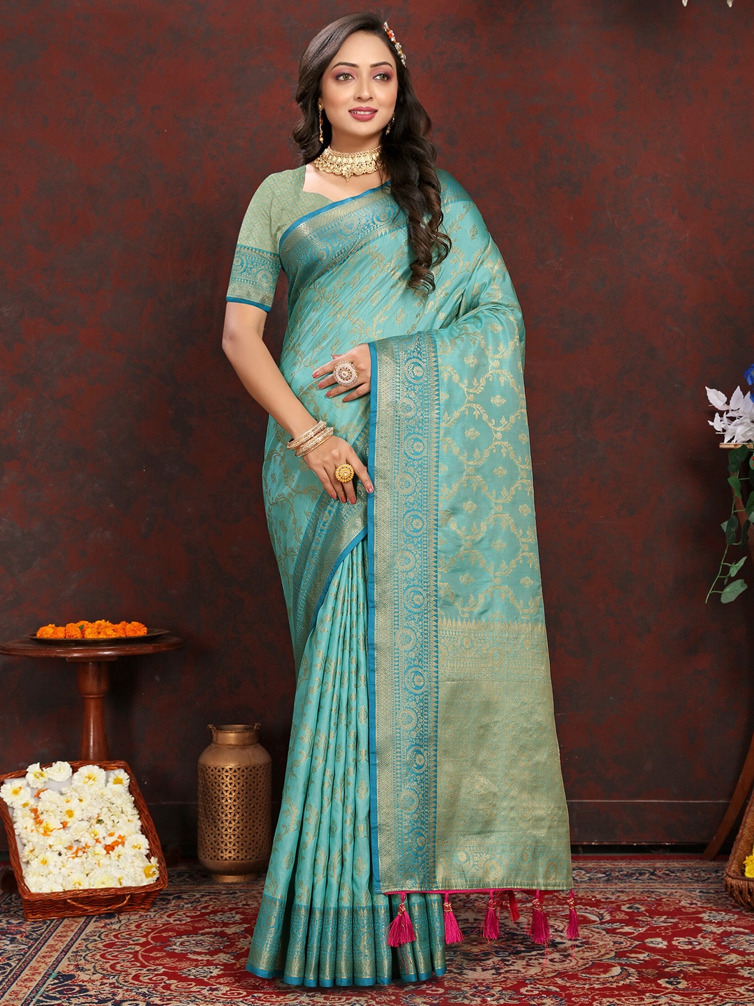 

ZIBLON Ethnic Motifs Woven Design Zari Pure Silk Kanjeevaram Saree With Tassels, Blue