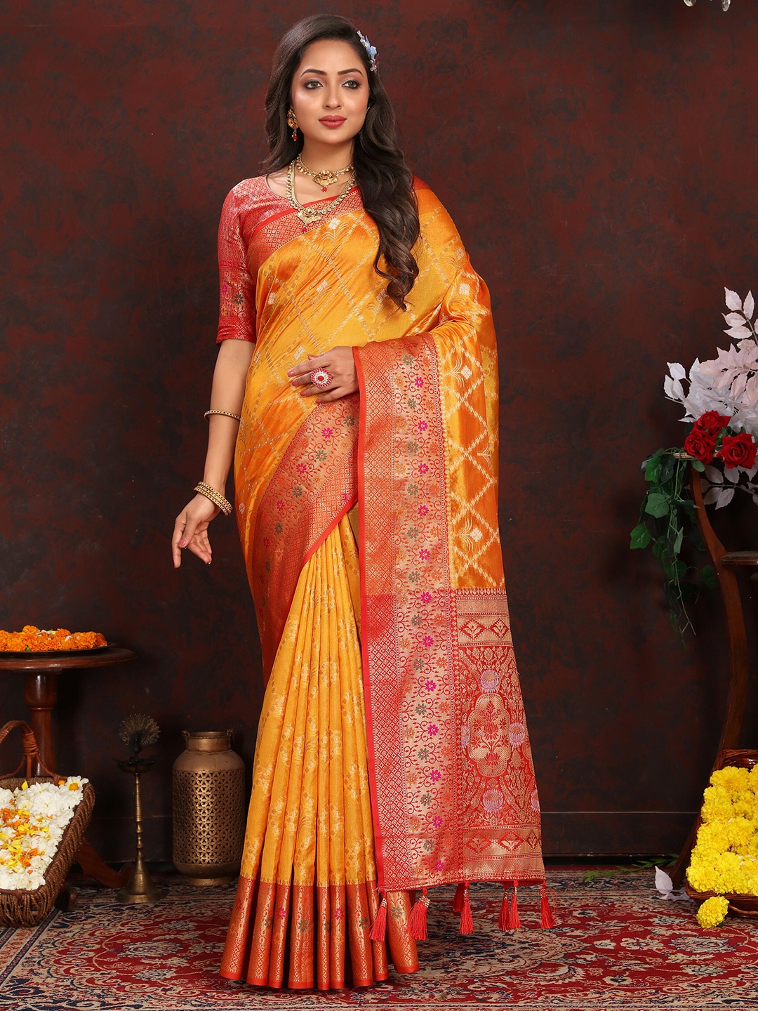 

ZIBLON Ethnic Motifs Woven Design Zari Pure Silk Kanjeevaram Saree With Tassels, Yellow