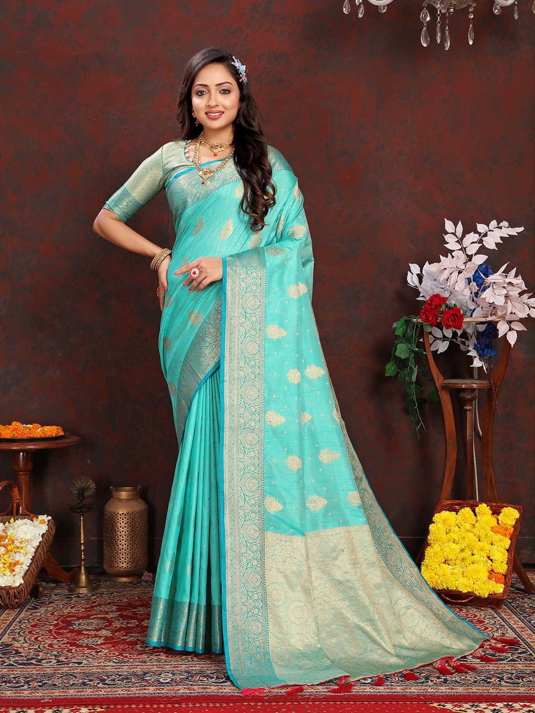 

ZIBLON Ethnic Motifs Woven Design Zari Pure Silk Kanjeevaram Saree With Tassels, Blue