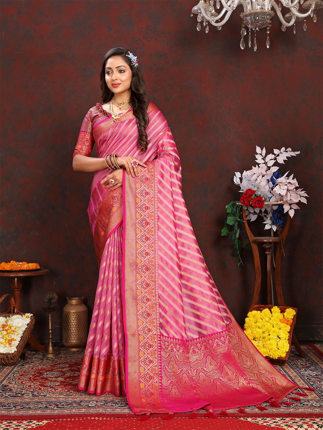 

ZIBLON Ethnic Motifs Woven Design Zari Pure Silk Kanjeevaram Saree With Tassels, Pink