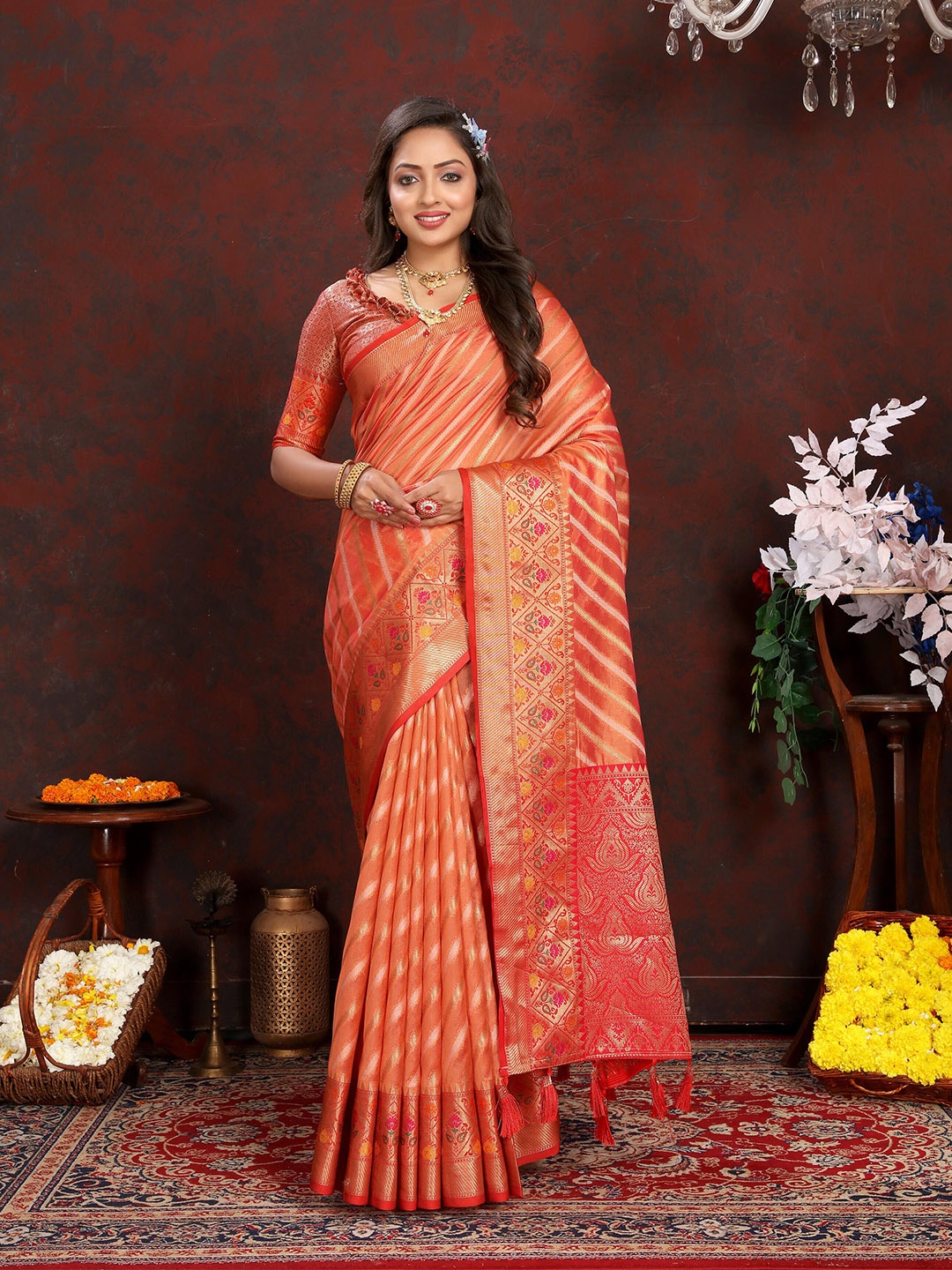 

ZIBLON Striped Woven Design Zari Pure Silk Kanjeevaram Saree With Tassels, Orange