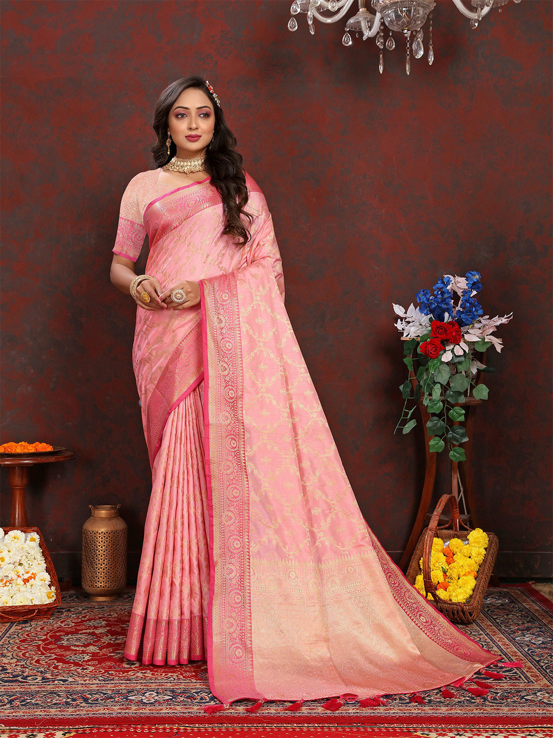 

ZIBLON Ethnic Motifs Woven Design Zari Pure Silk Kanjeevaram Saree With Tassels, Pink