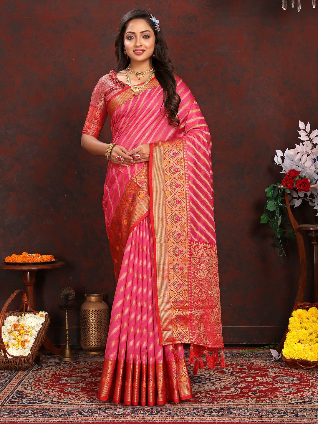 

ZIBLON Striped Woven Design Zari Pure Silk Kanjeevaram Saree With Tassels, Pink